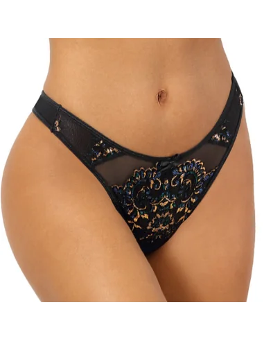 Tanga Oriental Dream V-103: Encaje brillante y tul negro, diseñada para realzar tus caderas con comodidad y elegancia.