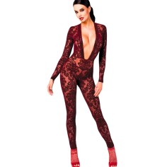 Catsuit Kiss Me “Kink Royal” burdeos — mono transparente flocado | Elakokette